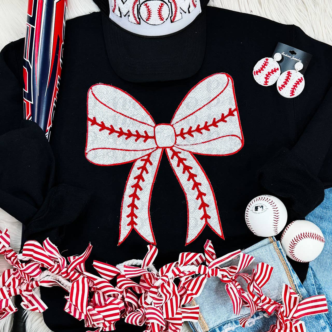 Sequins Baseball Bow Patch Sweatshirt